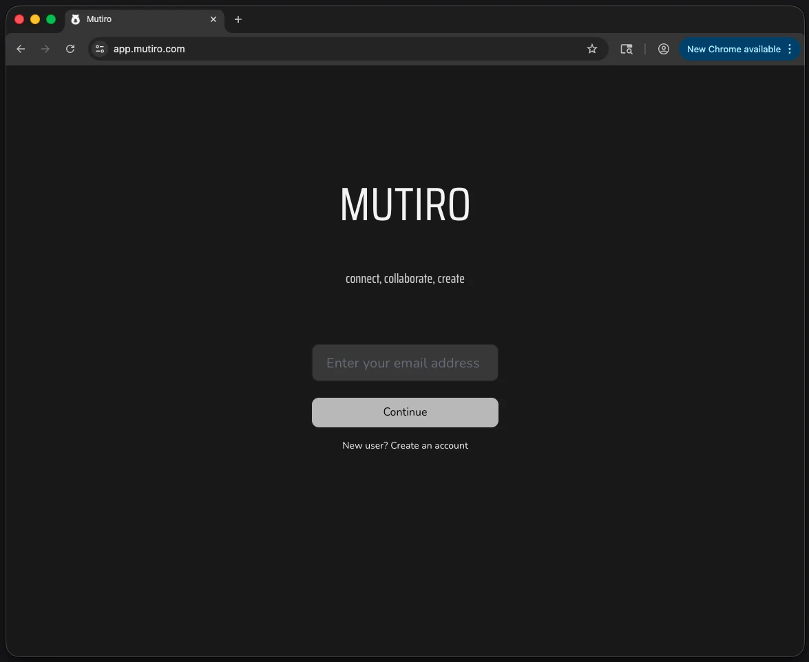 The Mutiro web app sign-in screen with an email field and Continue button