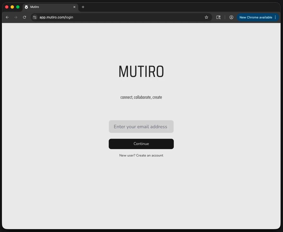 The Mutiro web app sign-in screen with an email field and Continue button