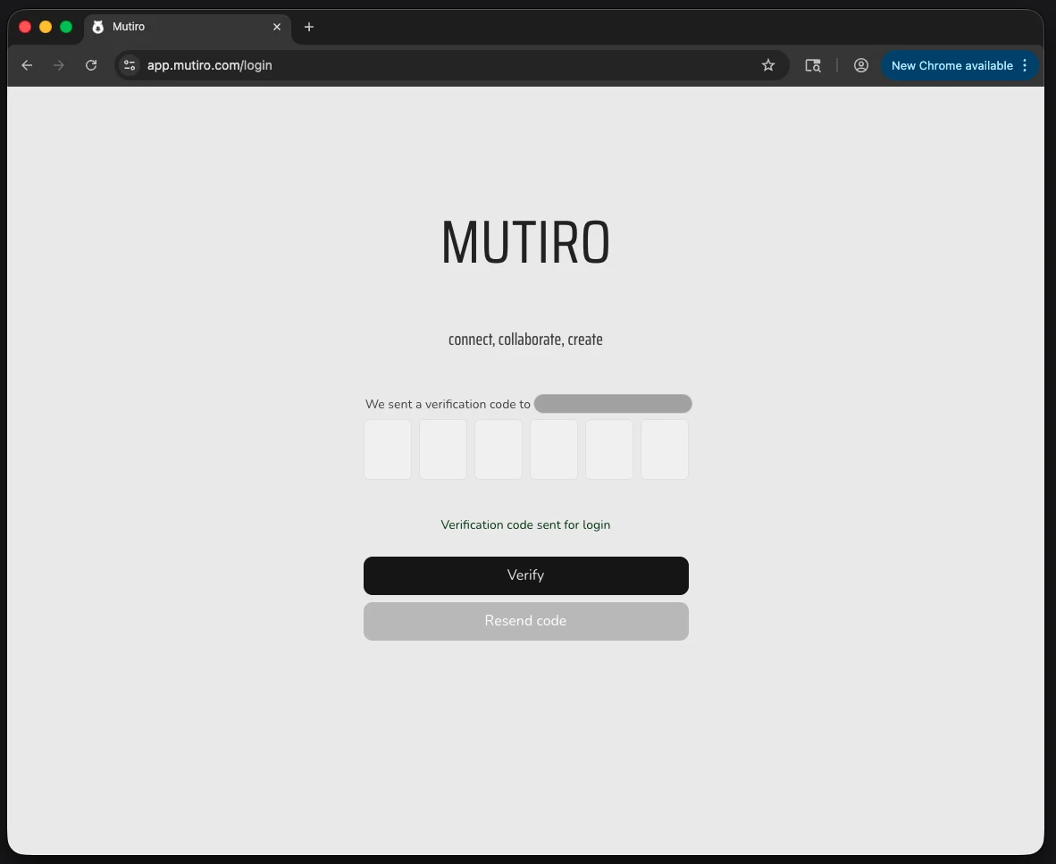 The Mutiro web app verification-code screen with six code boxes and a Verify button