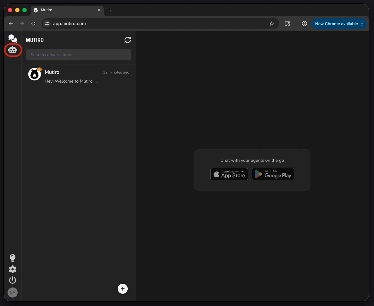 The Mutiro web app with the Agents navigation item highlighted