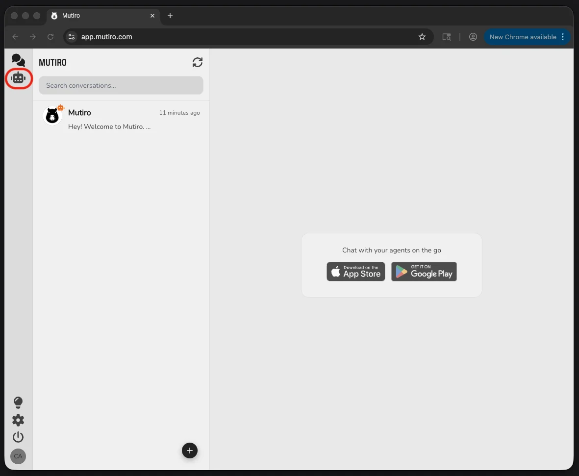 The Mutiro web app with the Agents navigation item highlighted