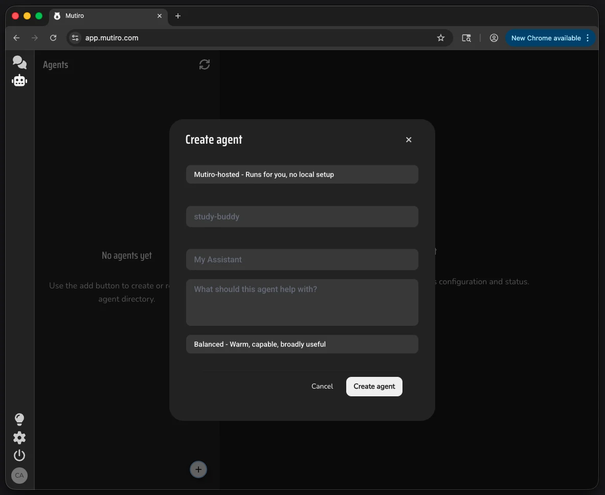 The Mutiro web app create-agent form for a hosted agent, including display name and objective fields