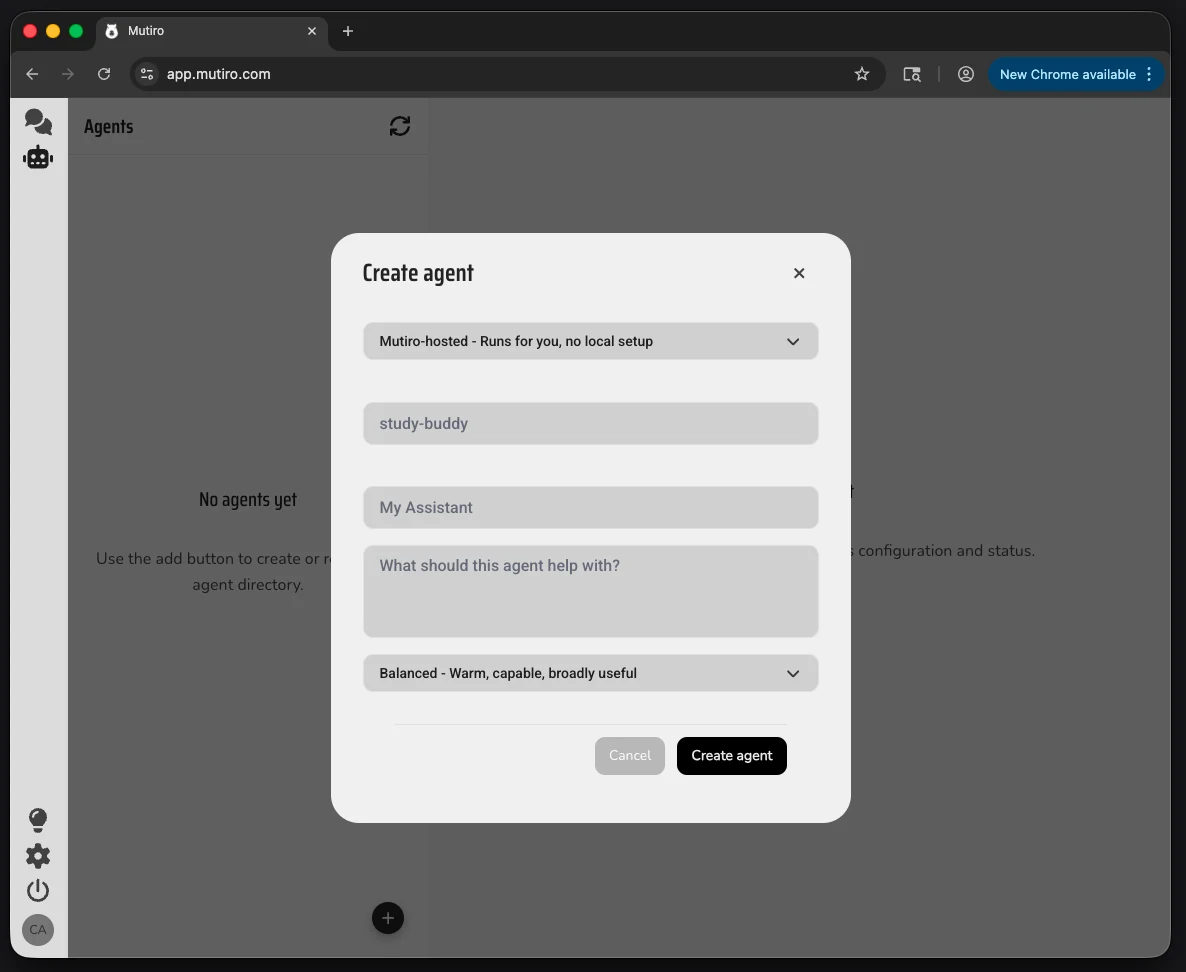 The Mutiro web app create-agent form for a hosted agent, including display name and objective fields