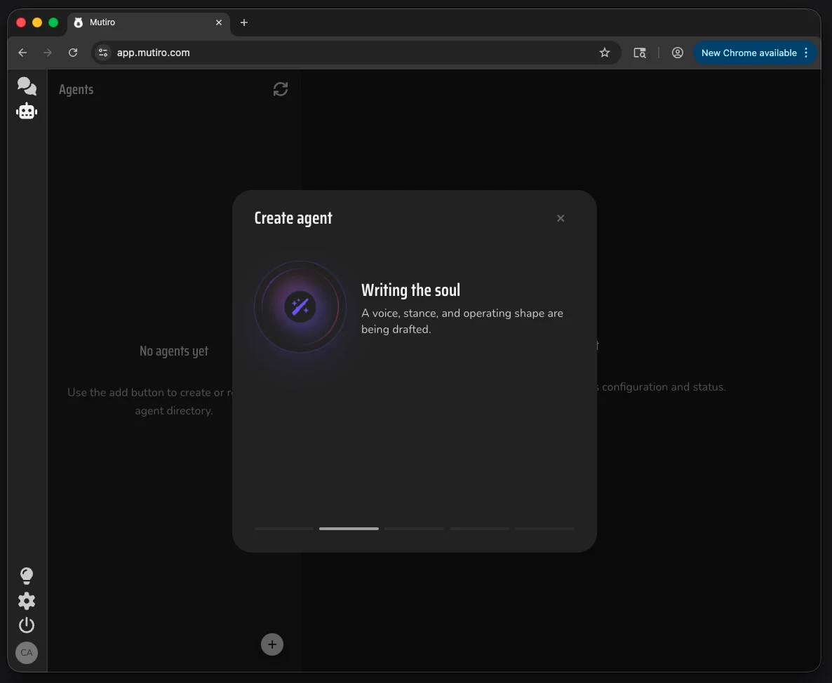 The Mutiro web app showing the create-agent progress state while Mutiro writes the starter profile