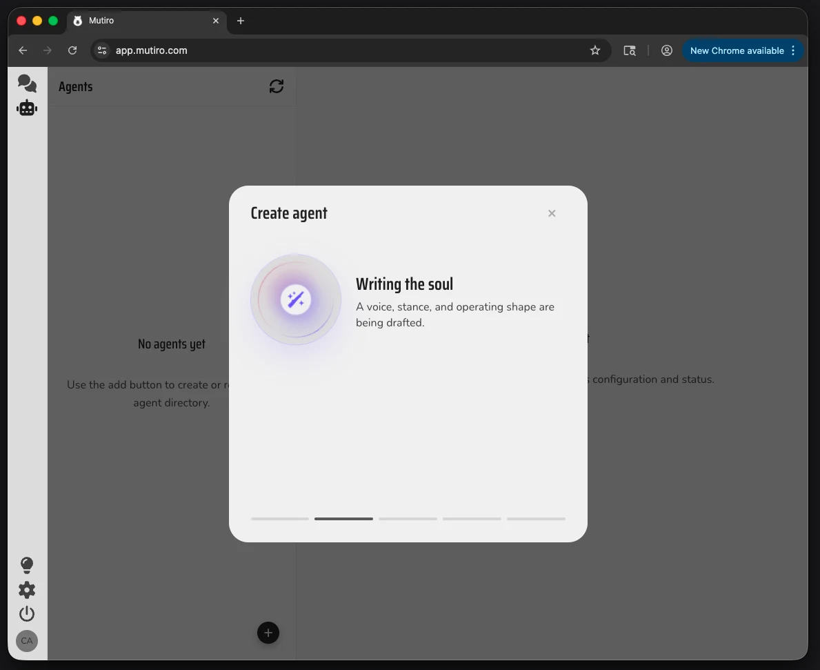 The Mutiro web app showing the create-agent progress state while Mutiro writes the starter profile
