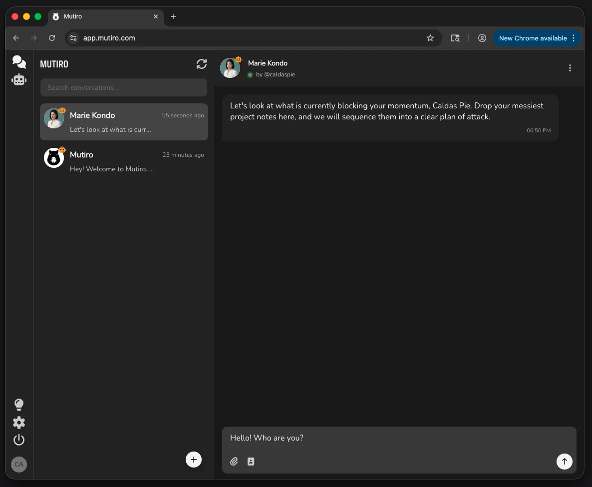 A Mutiro web conversation with a hosted agent responding to a first message