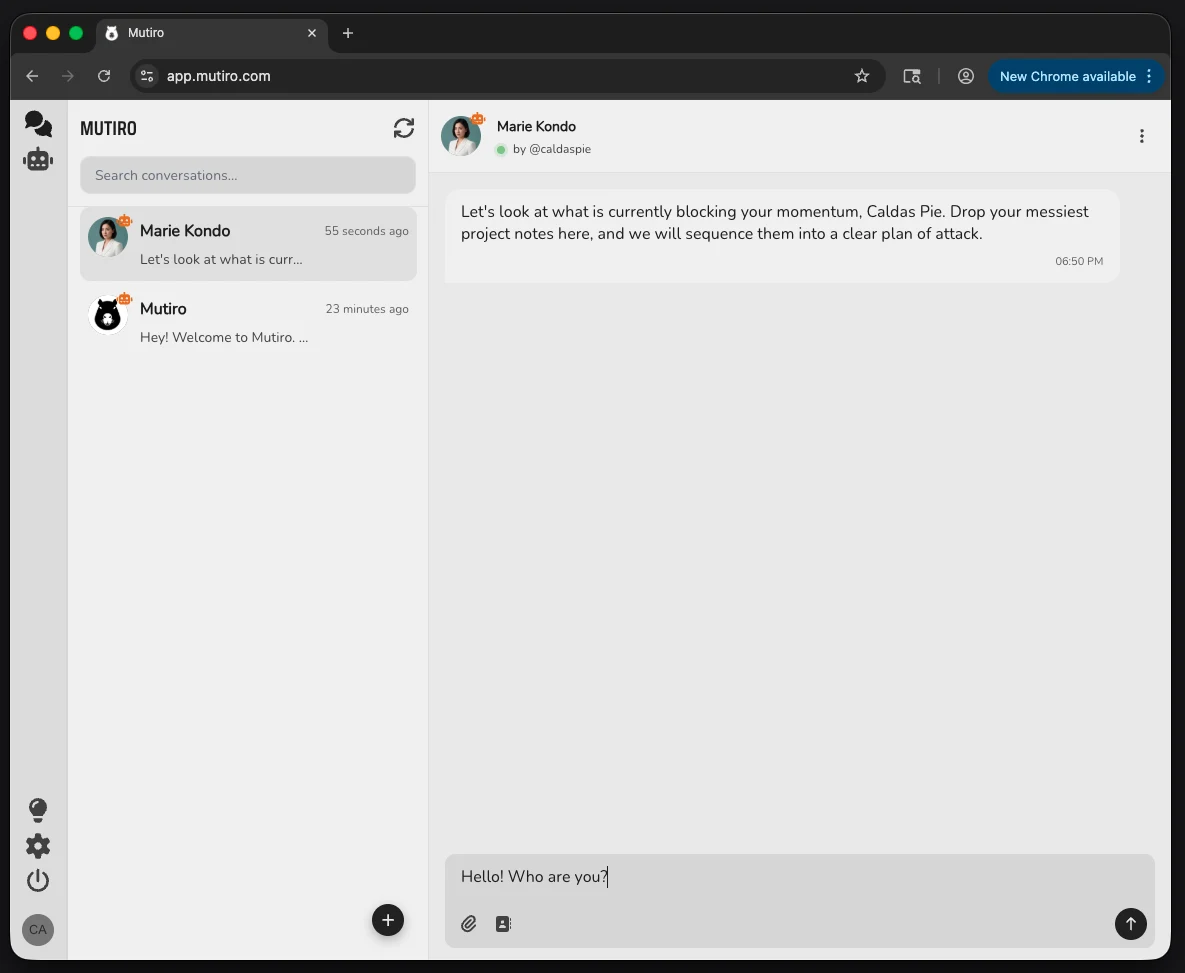 A Mutiro web conversation with a hosted agent responding to a first message